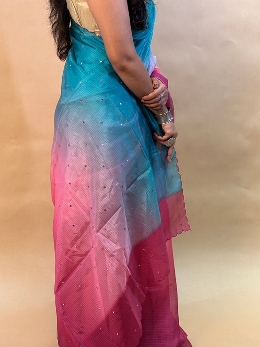 Blue and Pink Kota Silk Ombre Saree