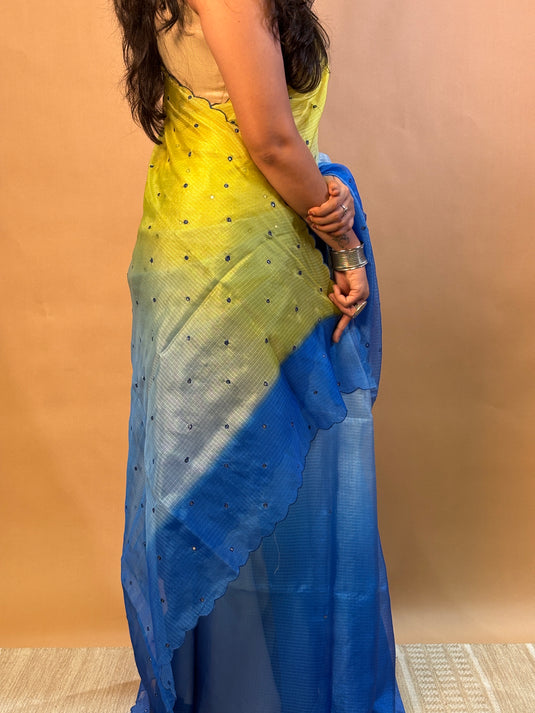 Blue and Yellow Kota Silk Ombre Saree