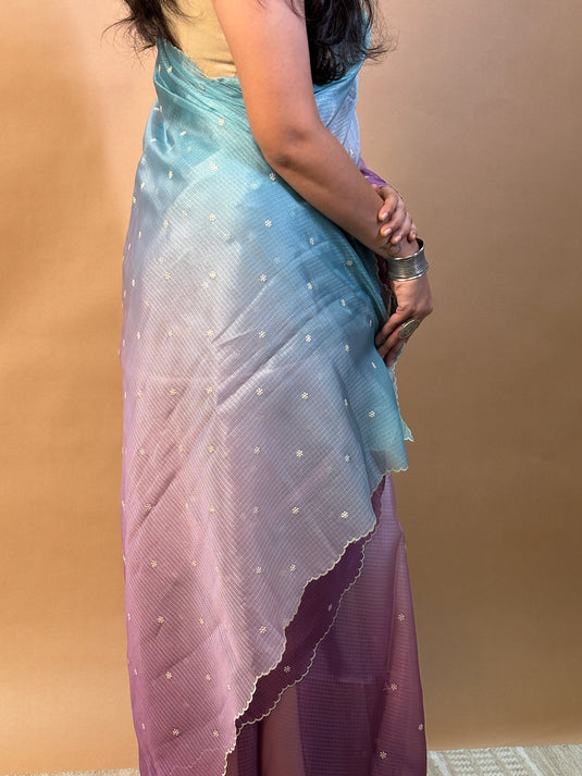 Purple and Blue Kota Silk Ombre Saree