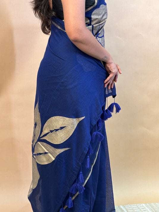 Blue Cotton Hand Painted Saree