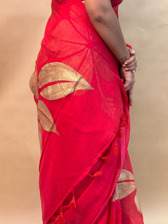 Red Cotton Hand Painted Saree