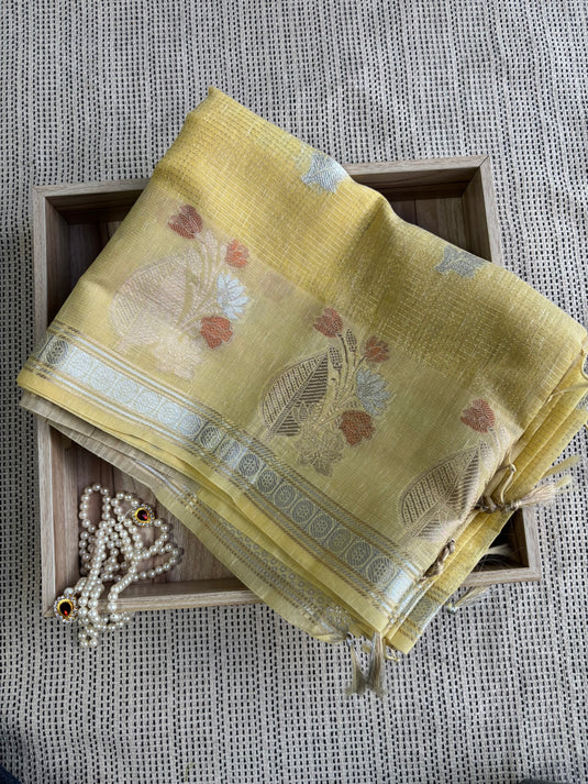 Yellow Linen Cotton Zari Weaving Saree