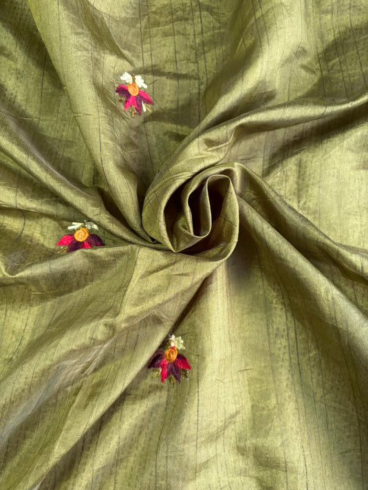 Green Tussar Silk Embroidered Saree