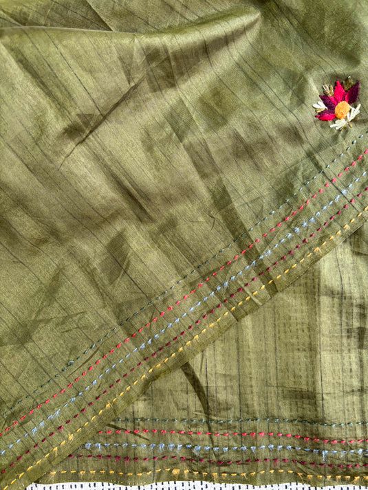 Green Tussar Silk Embroidered Saree