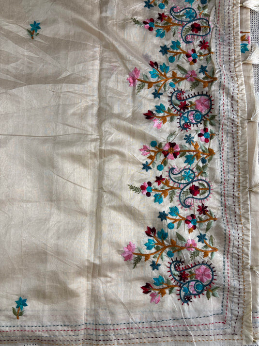 Beige Tussar Silk Embroidred Saree