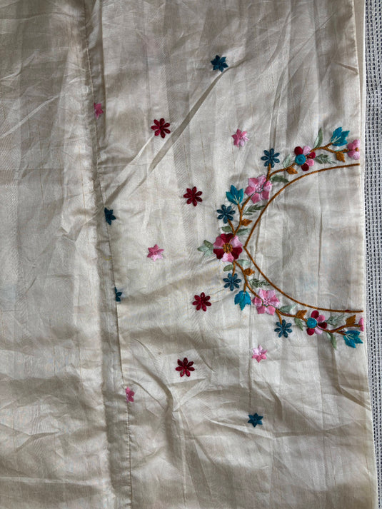 Beige Tussar Silk Embroidred Saree