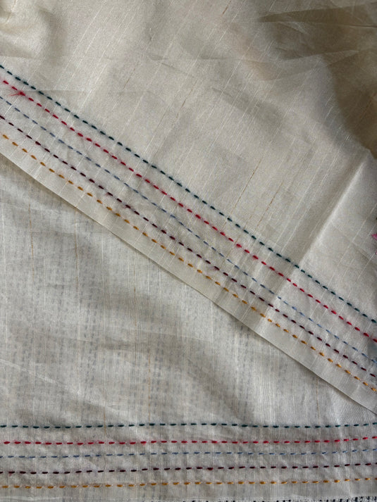 Beige Tussar Silk Embroidred Saree