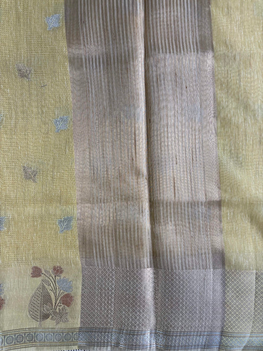 Yellow Linen Cotton Zari Weaving Saree