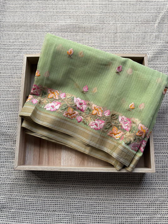 Green Kota Cotton Embroidered Saree