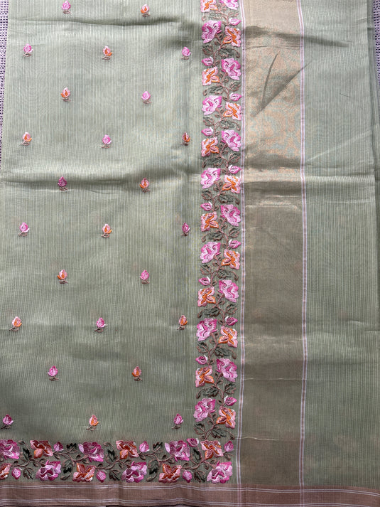 Green Kota Cotton Embroidered Saree