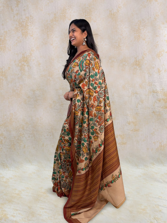 Beige Tussar Silk Kalamkari Printed Saree