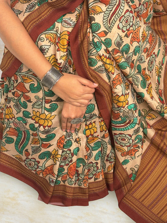 Beige Tussar Silk Kalamkari Printed Saree