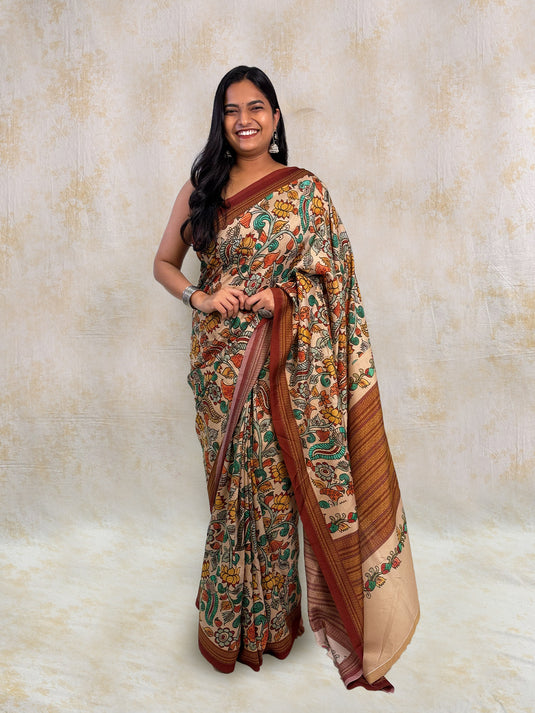 Beige Tussar Silk Kalamkari Printed Saree