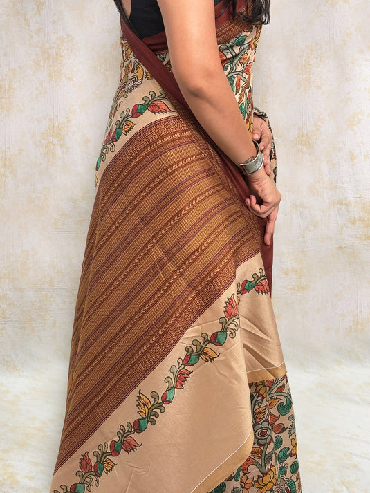 Beige Tussar Silk Kalamkari Printed Saree