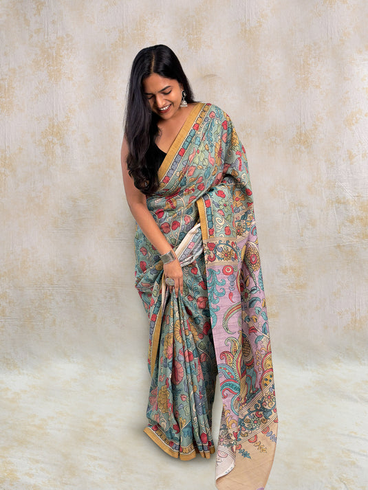 Blue Tussar Silk Kalamkari Printed Saree