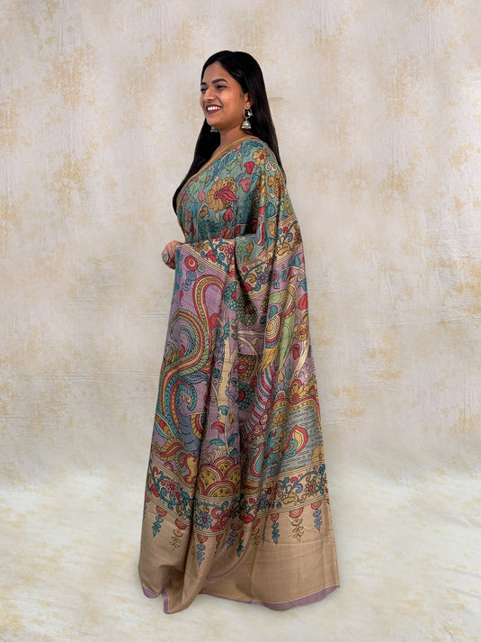 Blue Tussar Silk Kalamkari Printed Saree