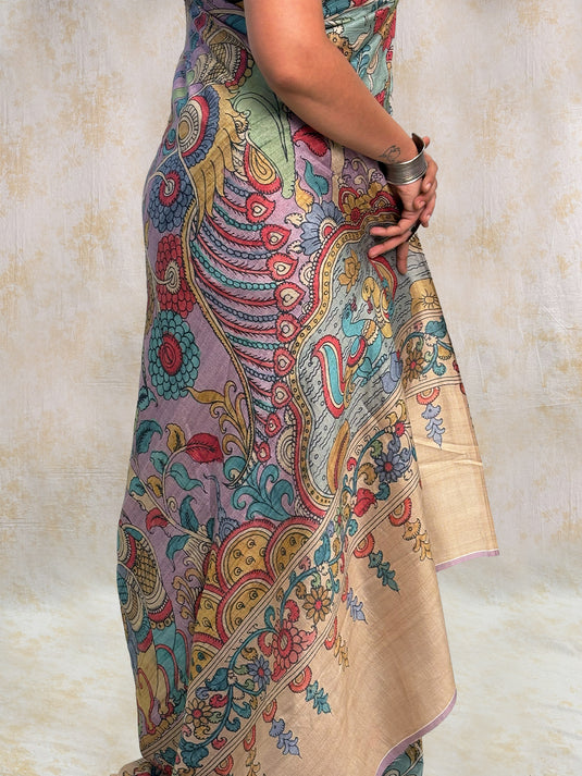Blue Tussar Silk Kalamkari Printed Saree