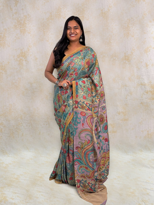 Blue Tussar Silk Kalamkari Printed Saree