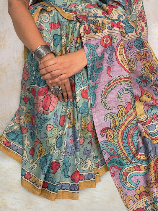 Blue Tussar Silk Kalamkari Printed Saree