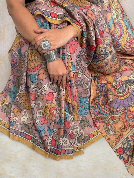 Dusty Purple Tussar Silk Kalamkari Printed Saree