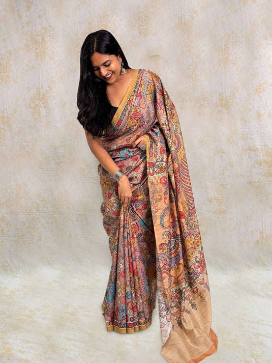Dusty Purple Tussar Silk Kalamkari Printed Saree