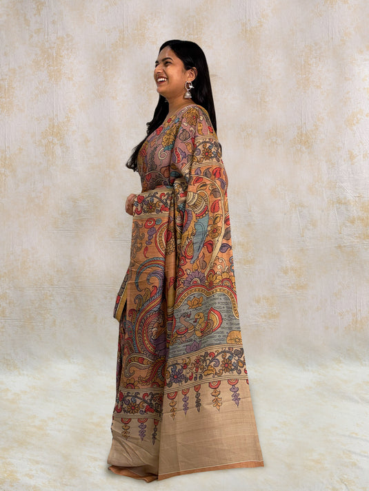 Dusty Purple Tussar Silk Kalamkari Printed Saree