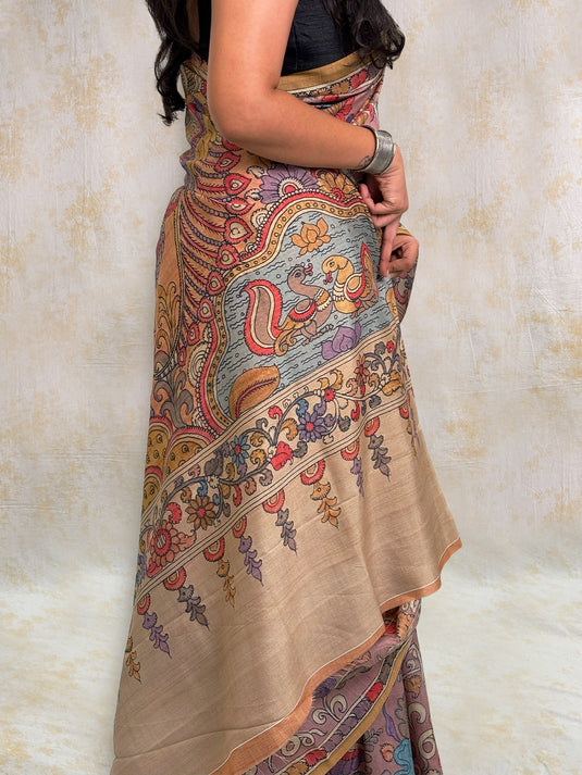 Dusty Purple Tussar Silk Kalamkari Printed Saree