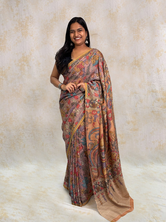 Dusty Purple Tussar Silk Kalamkari Printed Saree