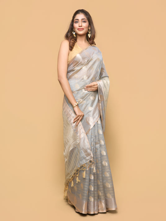 Grey Zari Woven Tussar Silk Saree