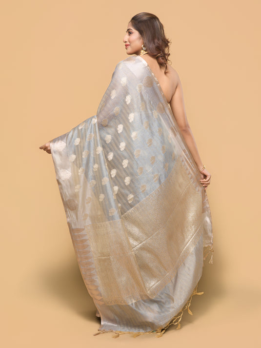 Grey Zari Woven Tussar Silk Saree
