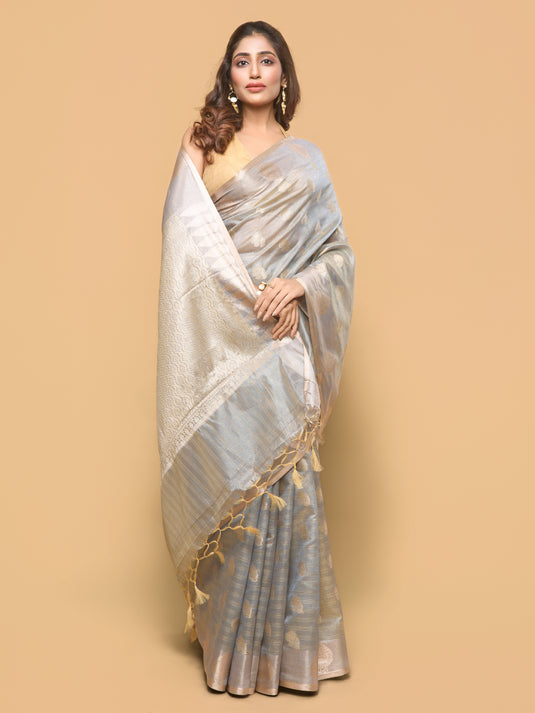 Grey Zari Woven Tussar Silk Saree