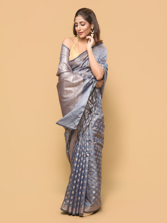 Grey Zari Woven Tussar Silk Saree