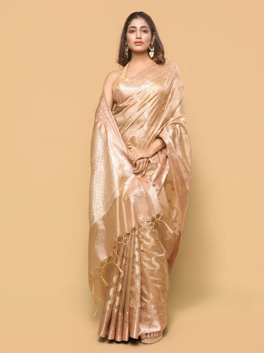 Beige Zari Woven Tussar Silk Saree