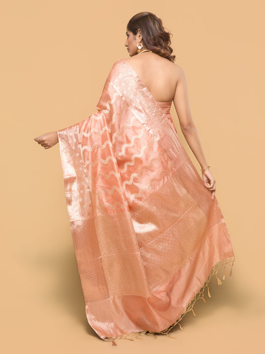 Peach Zari Woven Tussar Silk Saree
