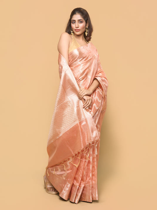 Peach Zari Woven Tussar Silk Saree