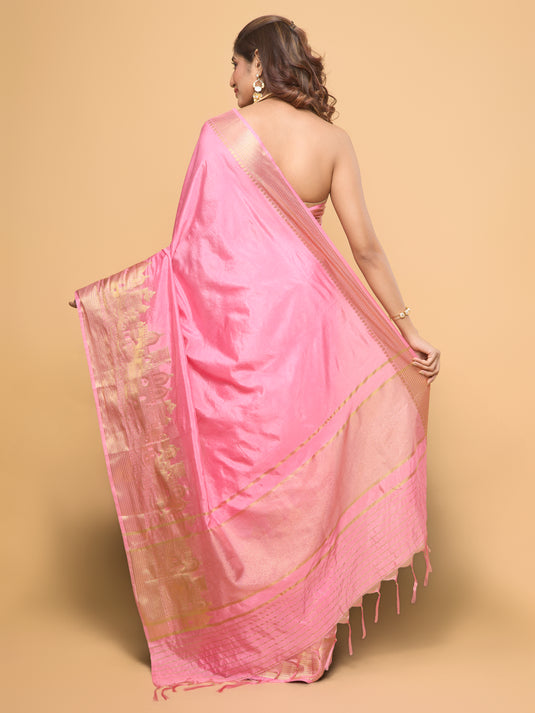 Women's Pink Woven Dupion Silk Saree With Unstitched Blouse Piece