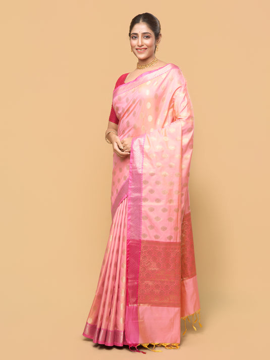 Dual Tone Peach Pink Zari Woven Banarasi Silk Saree