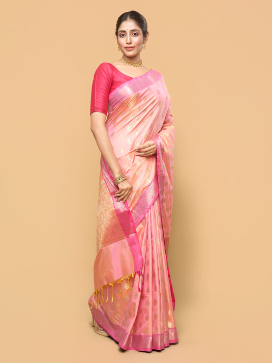 Dual Tone Peach Pink Zari Woven Banarasi Silk Saree