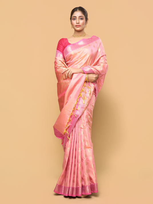Dual Tone Peach Pink Zari Woven Banarasi Silk Saree