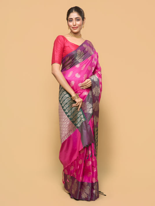 Rani Pink Zari Woven Banarasi silk saree