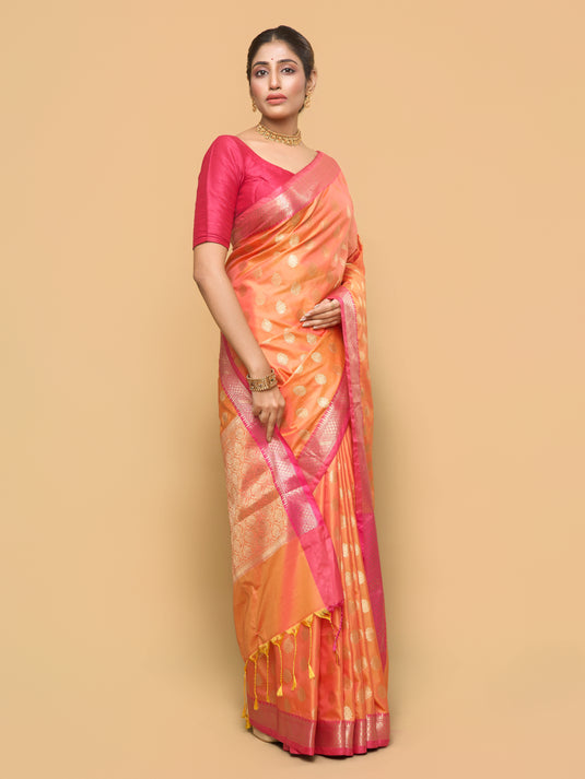 Dual Tone Orange Pink Zari Woven Banarasi Silk Saree