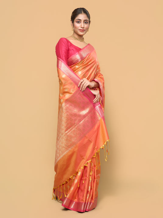 Dual Tone Orange Pink Zari Woven Banarasi Silk Saree
