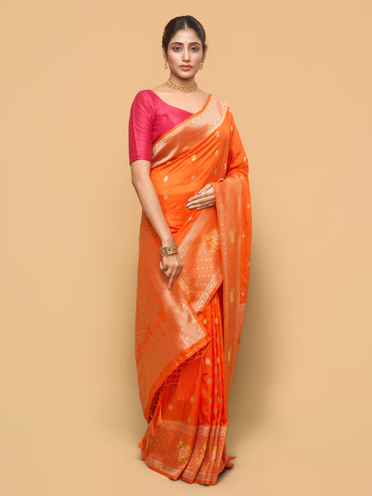 Orange Zari Woven Banarasi Silk Saree
