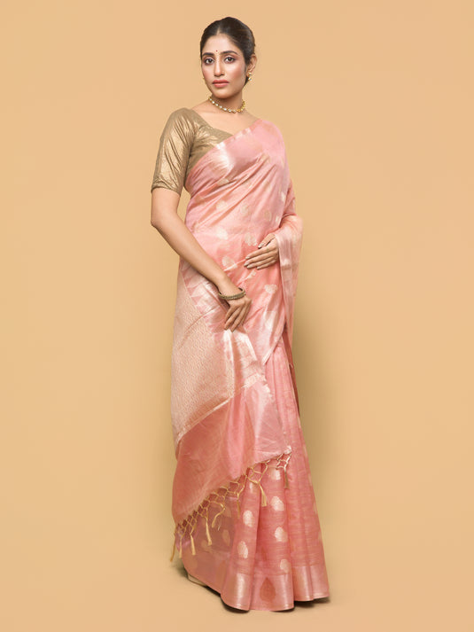 Peach Zari Woven Tussar Silk Saree