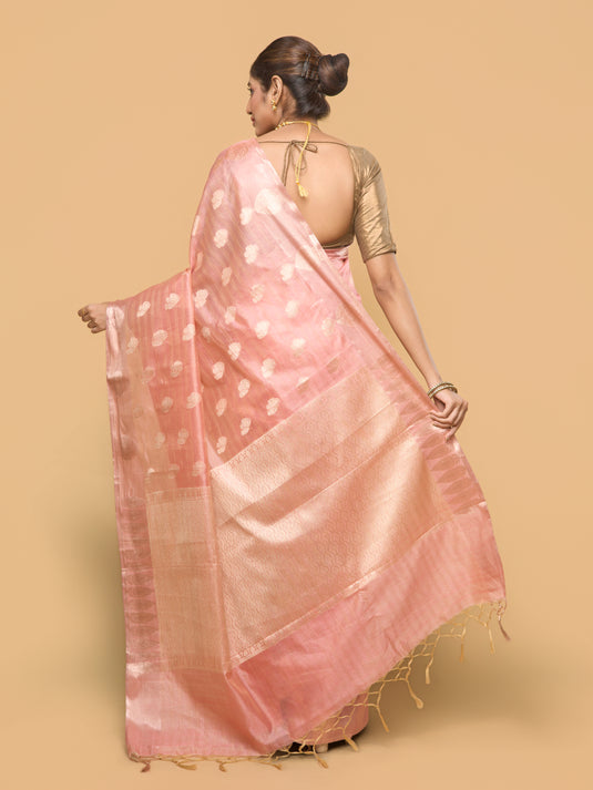 Peach Zari Woven Tussar Silk Saree