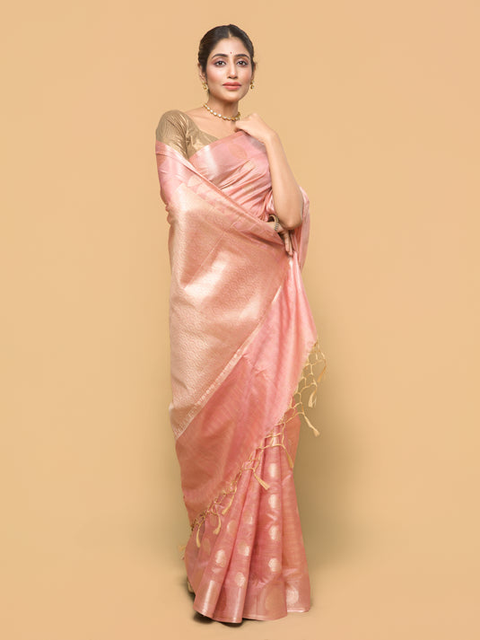 Peach Zari Woven Tussar Silk Saree