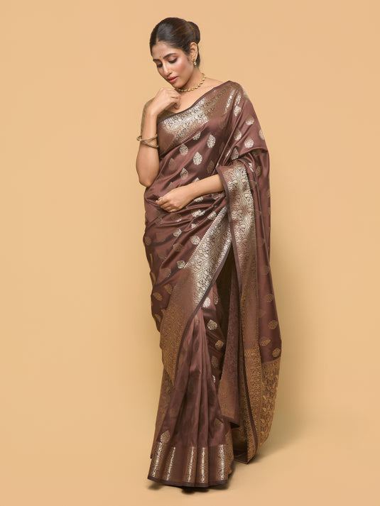 Women's Brown Zari Woven Banarasi Silk Saree