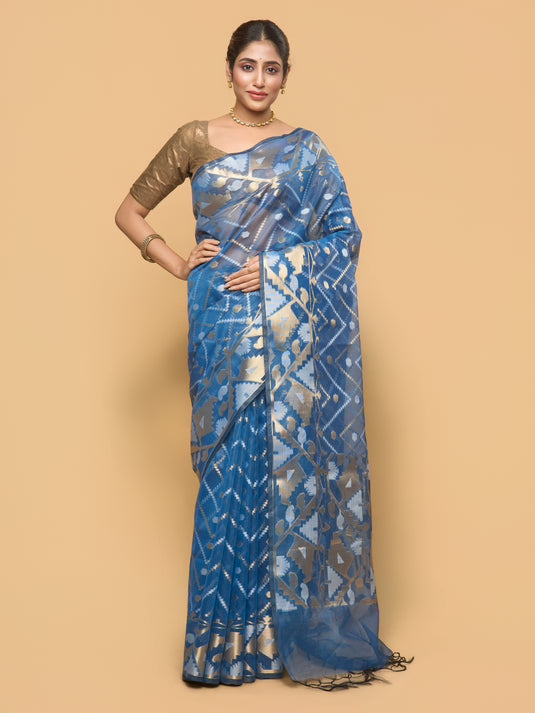 Blue Zari Woven Organza Silk Saree
