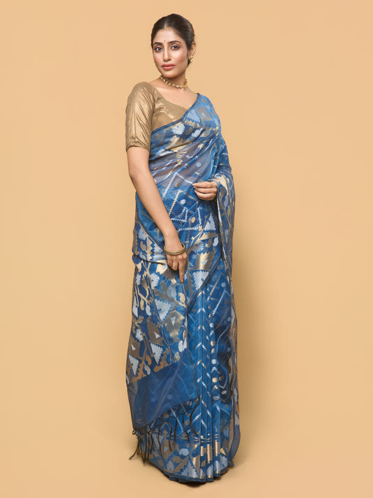 Blue Zari Woven Organza Silk Saree