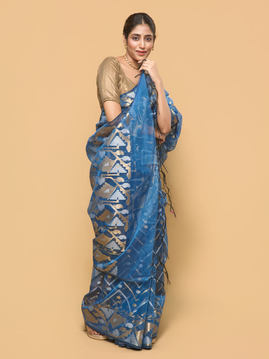 Blue Zari Woven Organza Silk Saree